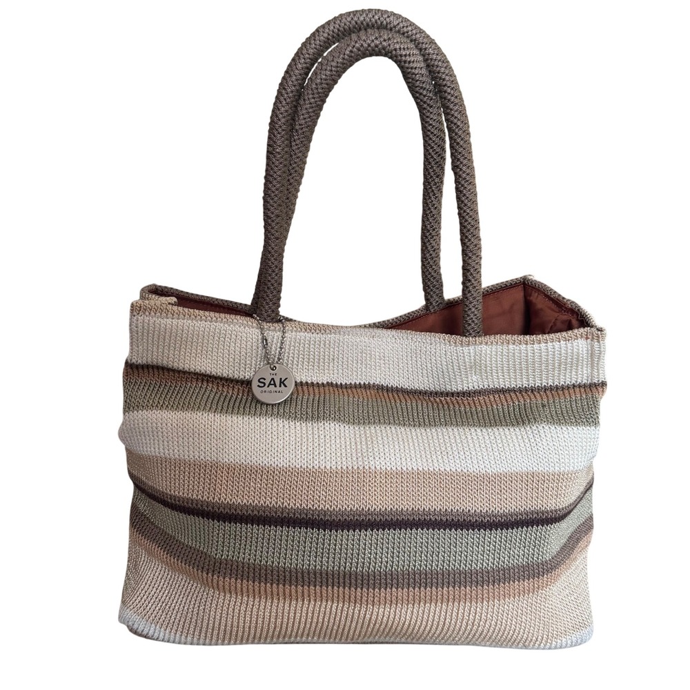 The Sak Original Striped Knit Tote Shoulder Bag Neutral‎ Brown Beige